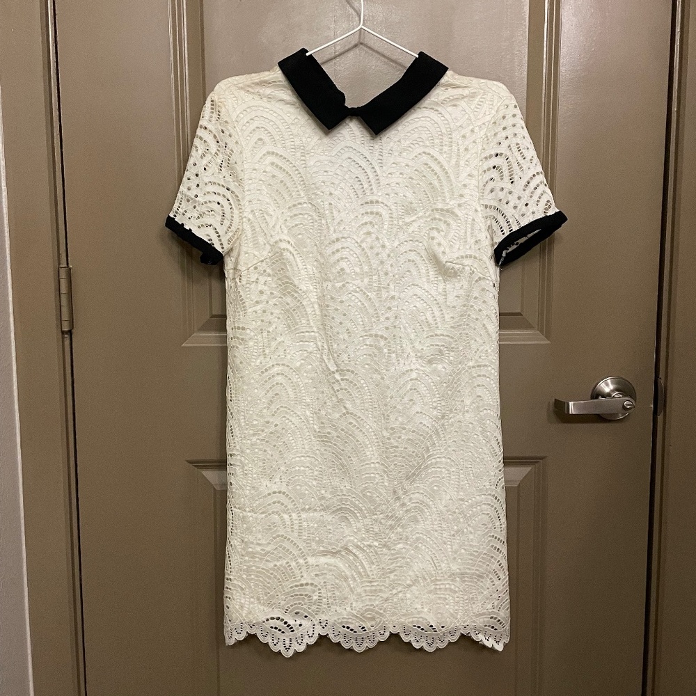 White lace dress with black collar and black sleeve trim